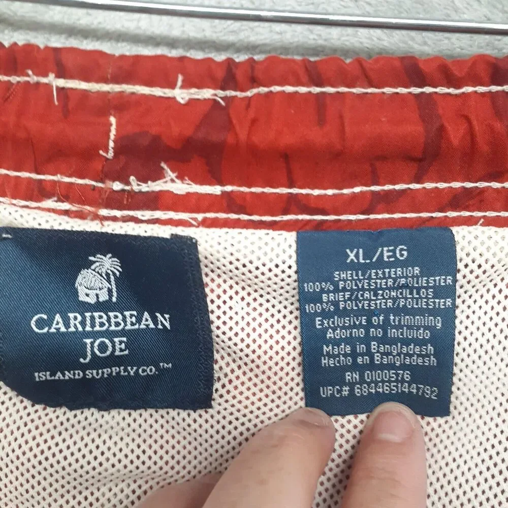 Caribbean Joe Mens Sz XL Red Swim Trunks Shorts Leaf Print Pockets Mesh Brief